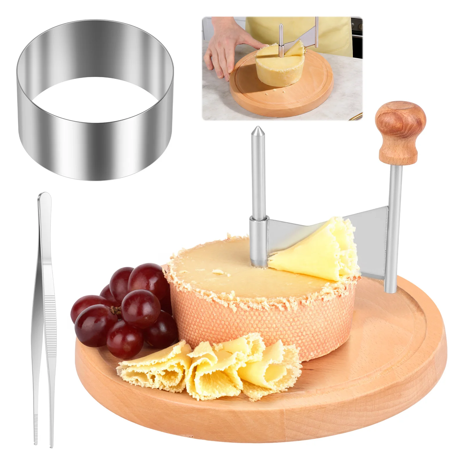 Käse-Roller aus Edelstahl, Girolle Käseschaber mit Holzsockel, Vielseitiger Käse-Roller-Schneider für Zuhause, Partys und Cafés