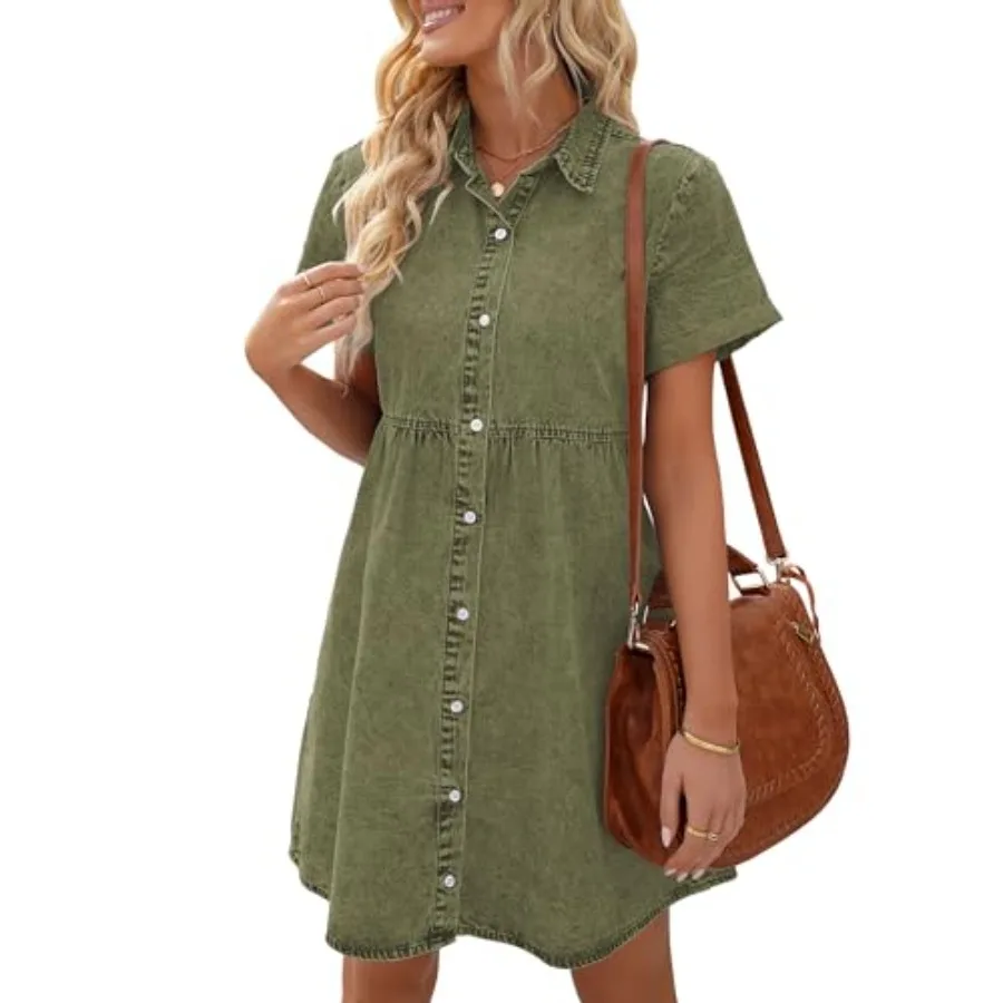 

LookbookStore Women's Short Sleeve Button Down Flowy Tiered Babydoll Denim Dress