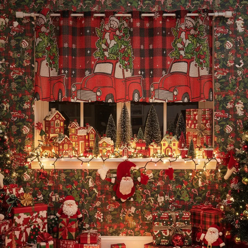 Christmas Curtain Red Plaid Santa Truck Print Lace Sheer Window Treatment Rectangular Kitchen Decor Holiday Home Fabric Valance