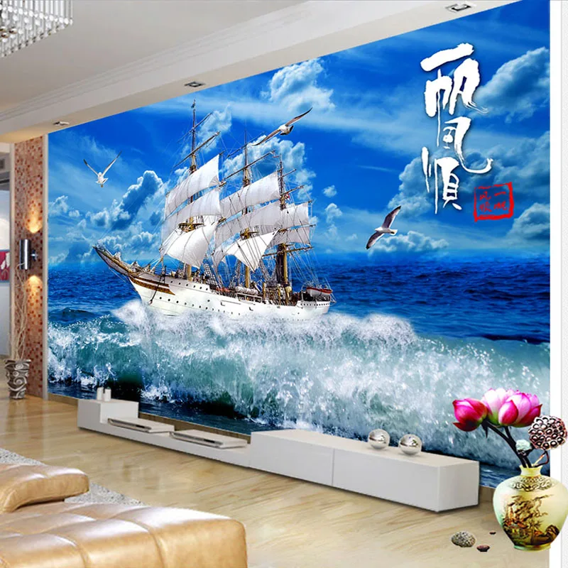 Customized products Photo Wallpaper Sea Waves Sailing Ship Nature Landscape Mural blue Living room TV background wall bedroom 8d