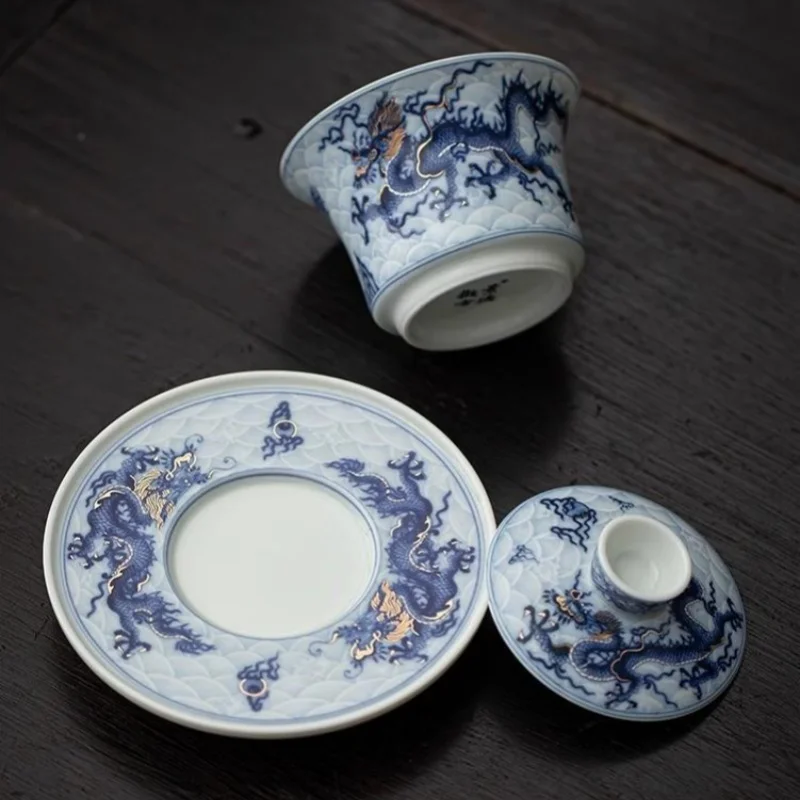 Metal Inlay Blue and White Chinese Dragon Gaiwan Single Ceramic Kungfu Tea Set Tea Making Bowl Tea Tureen