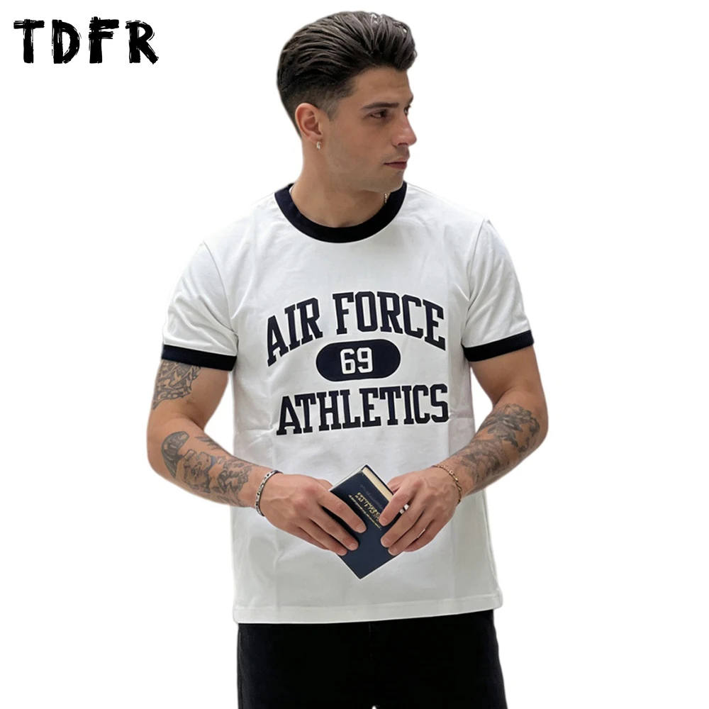 Contrast Paneled Letter Print Short Sleeve T-shirt Mens Retro Cargo Loose Crew Neck Half-Sleeve Cotton Tee