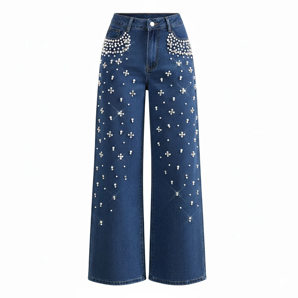 

Trendy Pearl Straight Jeans Women Embellished Wide Leg Pants Loose Beaded Denim Trousers Rhinestone Rivet Diamonds Streetwear