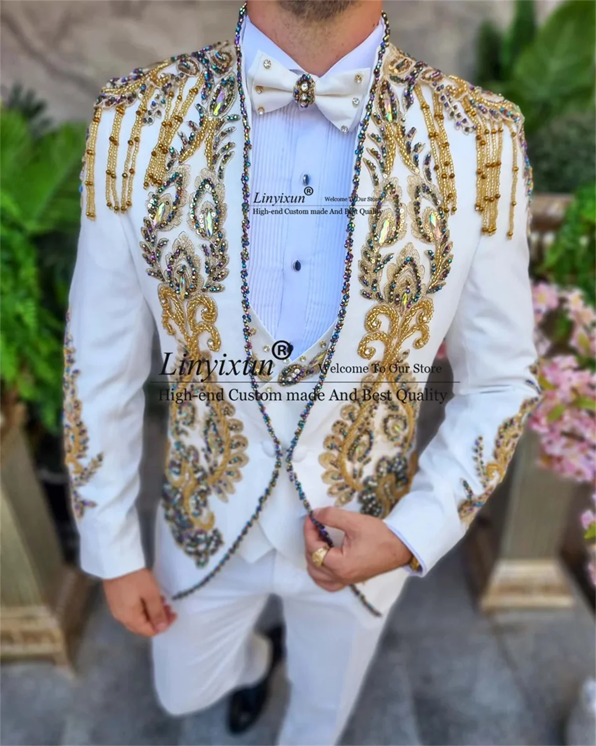 Gold Beaded Crystals Men Suits Appliques Lace Sequins Groom Tuxedo 3 Piece Sets Party Male Prom Blazers Customized Costume Homme