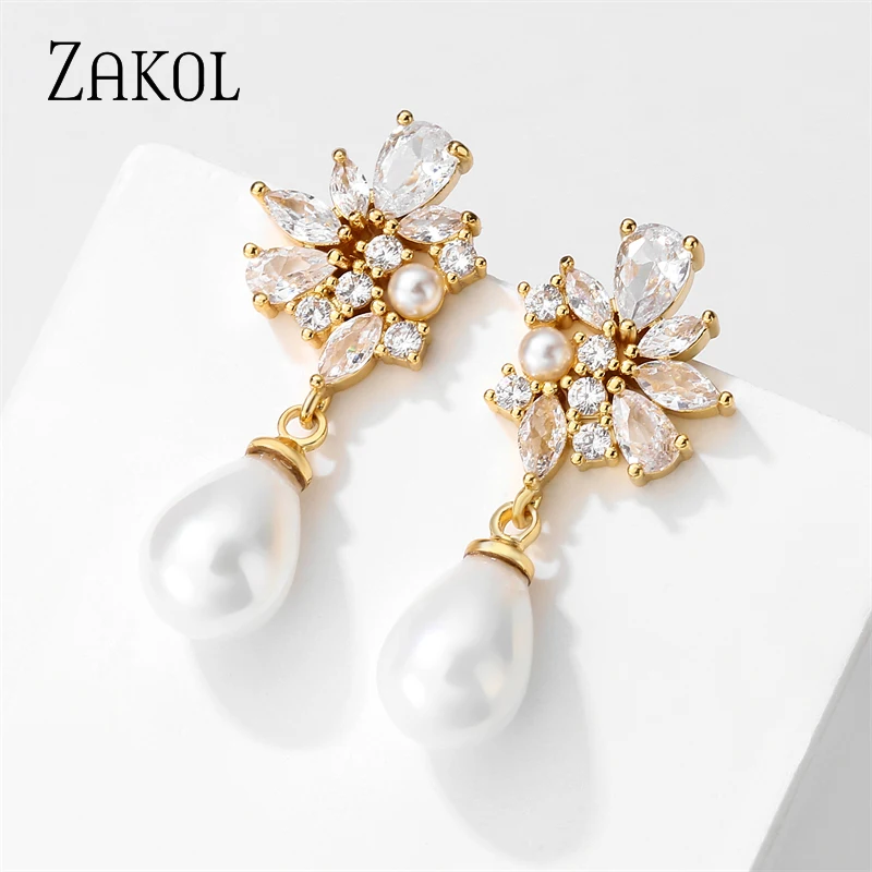 ZAKOL Fashion Green Cubic Zirconia Leaf Earrings for Women Elegant Imitation Pearl Girls Ear Party Wedding Jewelry Accessories