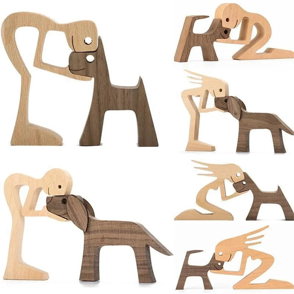 Handmade Family Puppy Wooden Man Dog Statue Figurine Home Room Desk Decoration Carving Model Sculpture Eco-Friendly Craft Gifts