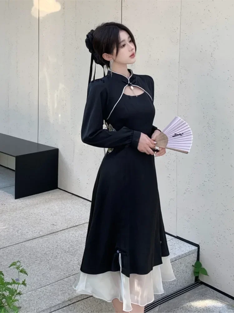 

New Chinese Fashion Chic Midi Dress Long Sleeve Hollowout Elegant Prom Dress Wine Red Stand Collar Vintage Cheongsam Party Dress