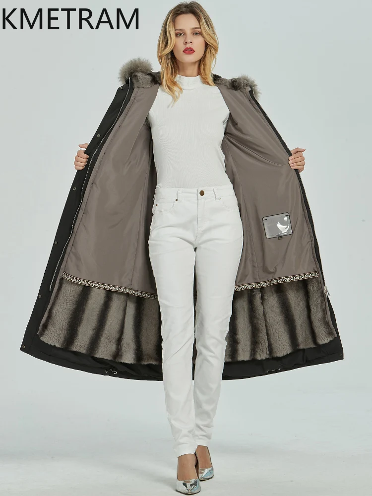KMETRAM Natural Rex Rabbit Fur Lining Fur Coat Long Parkas Jacket Woman Fox Fur Collar 2025 Winter Hooded New Outerwears пальто