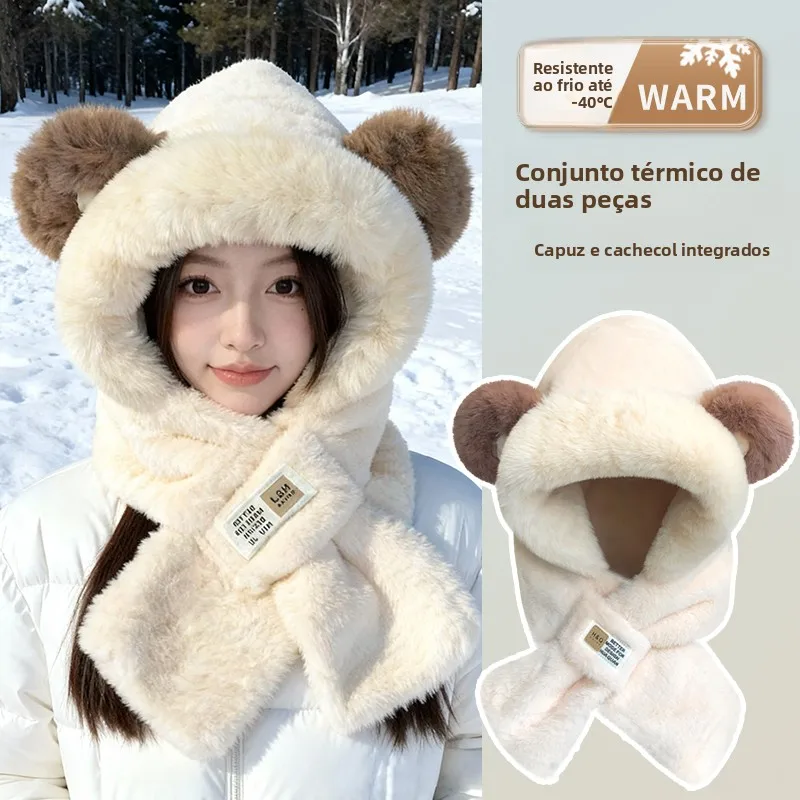 cute-bear-thickened-plush-hat-scarf-set-women's-winter-warm-neck-protection-cold-proof-lei-feng-cap-integrated-design