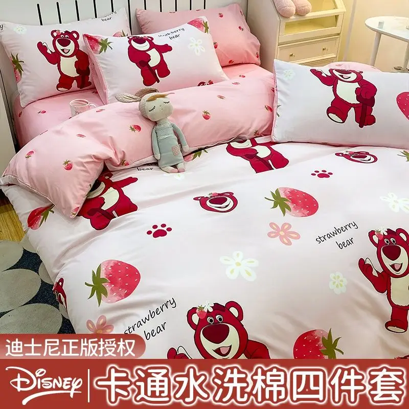 New cartoon cute Mickey Lotso Stitch printed washed cotton bed four-piece set Disney student dormitory cartoon sheet quilt cover