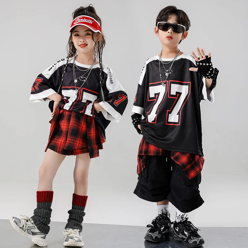 Boys Hip Hop Outfit T-shirt Shorts Girls K-pop Oversize Top Street Dancing Skirt Children Streetwear Kids Jazz Stage Clothes Set