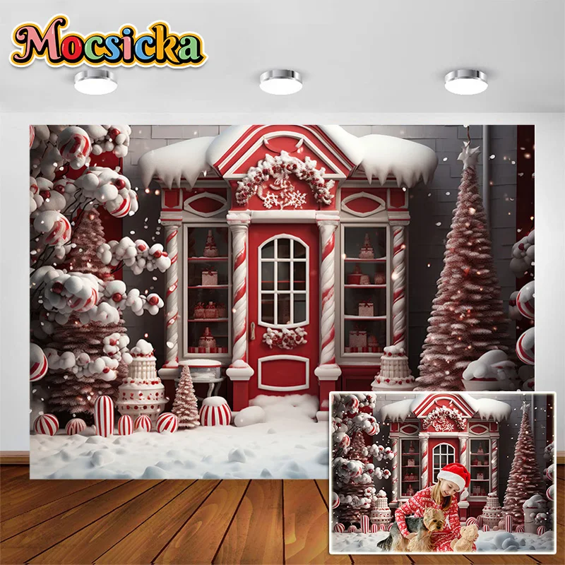 

Christmas Tree Winter Snow House Family Girls Portrait Christmas Candy Store Background for Children Birthday Photo Background