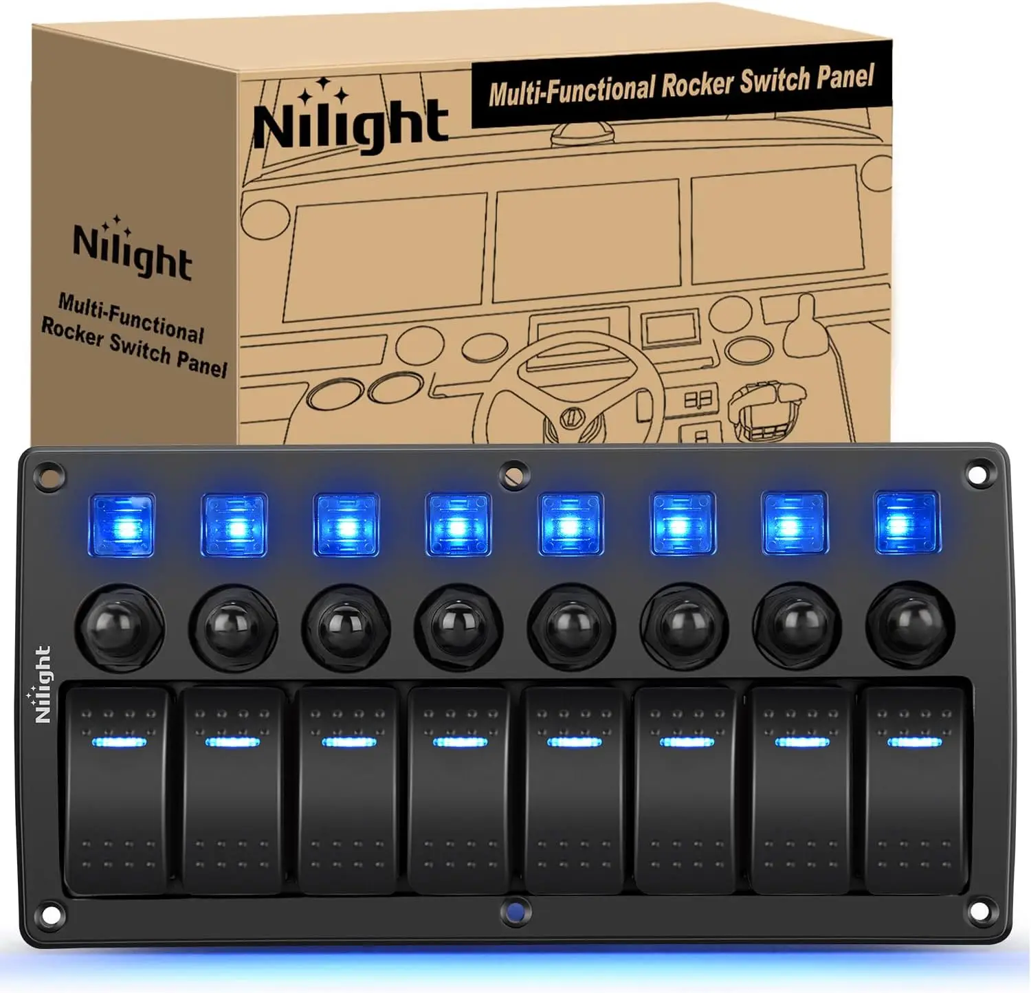 

8 Gang Rocker Switch Panel Waterproof Pre-Wired Marine with Resettable Breakers LED Backlight 12V 24V ON/OFF 3 PIN Toggle Switch