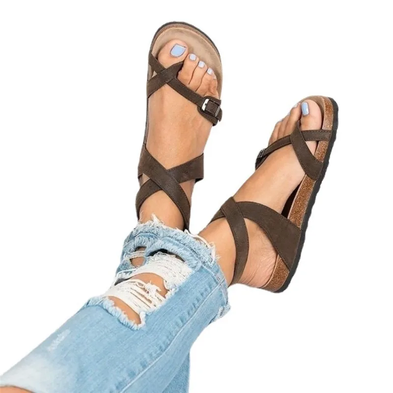 Women Sandals Summer Oversized Sandals with Cork Sole Roman Toe Strap Buckle and Strap Women's Beach Sandanlis view 3