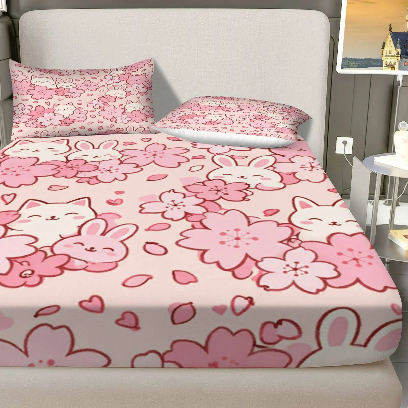 Sakura Rabbit Cat Bedding Set, Breathable Polyester Material (includes 1 fitted sheet + 2 pillowcases), Mattress Protector, Elastic-Fitted Style, Protective Cover, Mattress Cover, Christmas-Themed Bedding, Baby Bedding, Suitable for Nursery Room view 3
