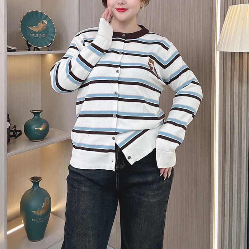 Women Plus Size Jumpers Autumn Winter Striped Knit Cardigan Loose Casual Embroidered Long Sleeve Sweater 4076