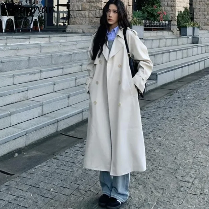 

Korean Fashion Trench Women Spring Autumn Coats All-match Leisure Simple Solid Button Elegant Temperament Office Ladies Popular