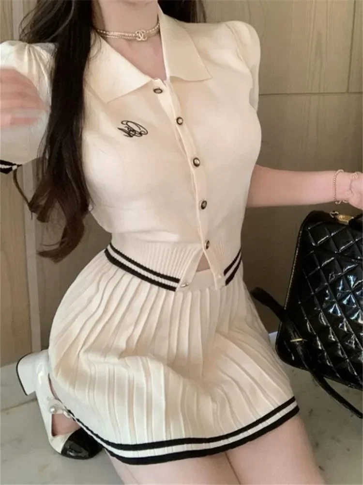 New Summer JK Girl Fashion Apricot 2 Piece Sets BM Academy Style Knit Short Shirt Cardigan&Pleated Mini Skirt 2PC Dress Suits