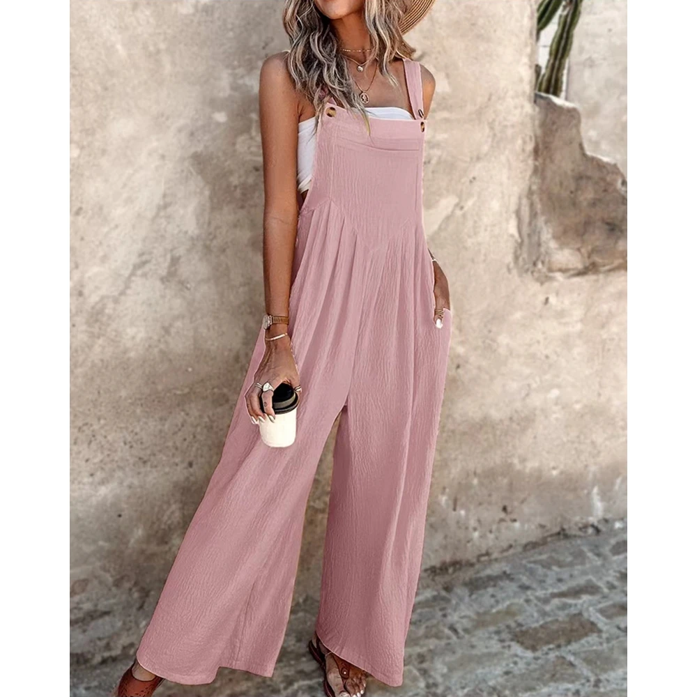 Overalls for Women Adjustable Strap with Pocket Pink Jumpsuit Solid Wide Leg Suspender Summer Casual Workwear Women Clothes