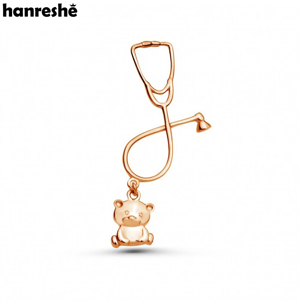 Hanreshe Cute Bear Stethoscope Brooch Pins Creative Dangle Pendant Badge Lapel Backpack Medical Jewelry Decoration Gift