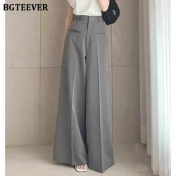 BGTEEVER Autumn Loose Pockets Wide Leg Trousers for Women High Waist Casual Grey Suit Pants Female