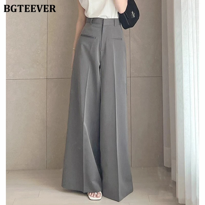 BGTEEVER Autumn Loose Pockets Wide Leg Trousers for Women High Waist Casual Grey Suit Pants Female