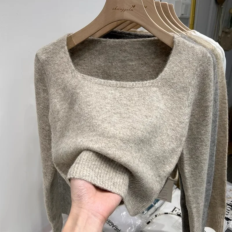 Thick Soft Square Neck Knitted Women's Sweater Autumn Winter New Pullover Sweater Casual Solid Color Slim Short Base Tops 31193