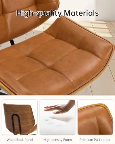 

Brown Mid-Century Modern Armless Office Chair With Premium PU Leather, Wood Back Panel, High-Density Foam Cushion, Adjustable
