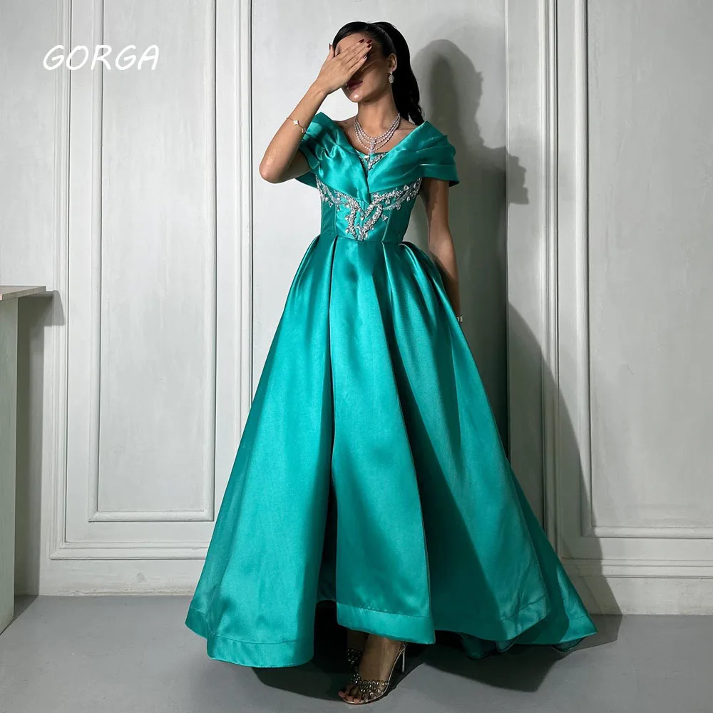 

GORGA V-Neck Beading A-LINE 2024 High Quality Backless Lace Up Satin Ocassion Gown Floor-Length Evening Dress فستان سهرة نسائي