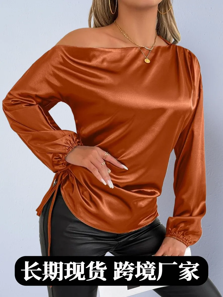 

Spring Women's Clothing High Quality Women's Blouse Asymmetrical Satin Long Sleeve Top For Woman Slim Fit Polyester Shirt