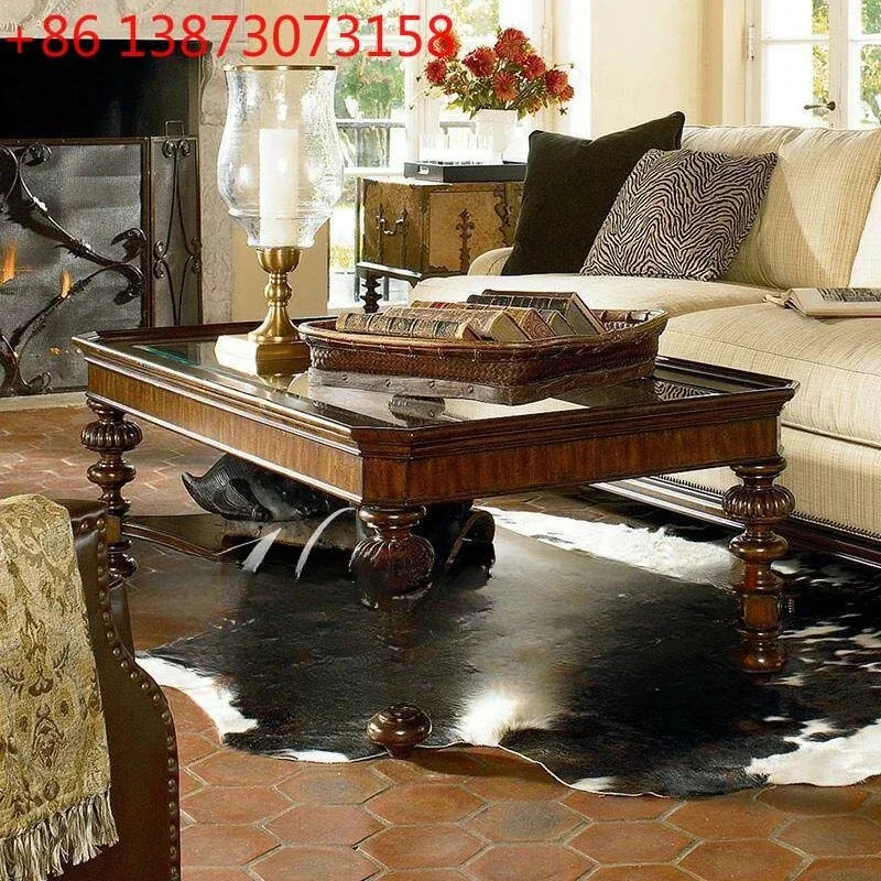

American solid wood retro rectangular simple European classical home living room glass coffee table
