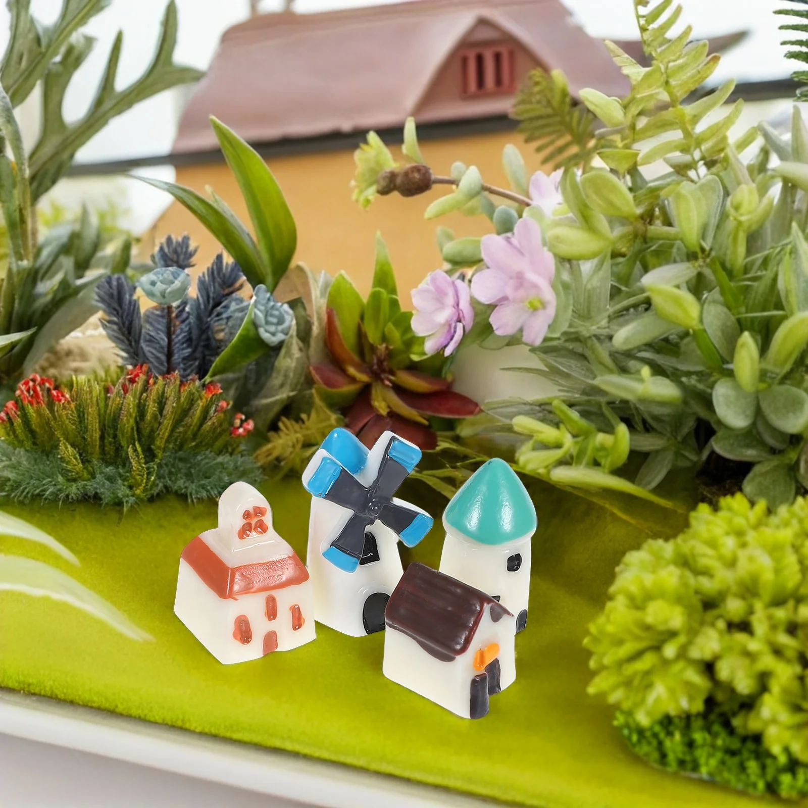 Juego de adornos de paisaje en miniatura, casas de molino de viento de resina hechas a mano para Micro jardín, decoración artesanal, accesorio de escena de pueblo, 4 Uds.