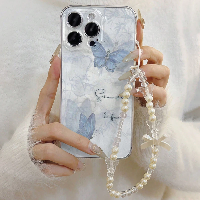 Butterfly Ocean Wave Clear Silicone Case For iPhone 16 15 14 13 12 11 Pro Max X XS XR 7 8 16 Plus Bow Lanyard Hanging Rope Cover