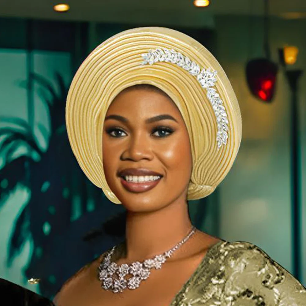 الزفاف متعدد الطبقات قبعة عمامة أشرطة رأس الأفريقية مطوي أغطية الرأس كريستال نيجيريا ربطة الرأس السيارات Gele بونيه مسلم الحجاب بالفعل #6