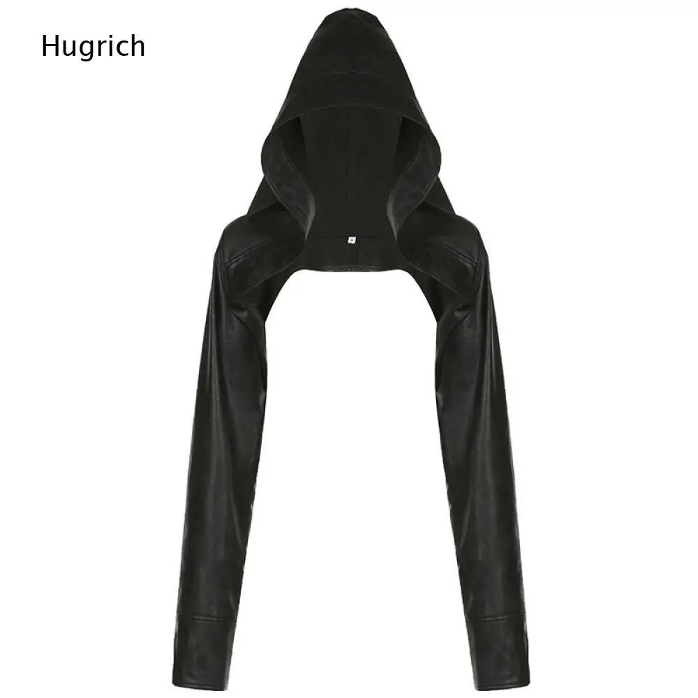 Long Sleeve Faux Leather Hooded Shoulder Wrap Solid Black Hollow Shoulder Shrug Fashion Women Street Layering Piece