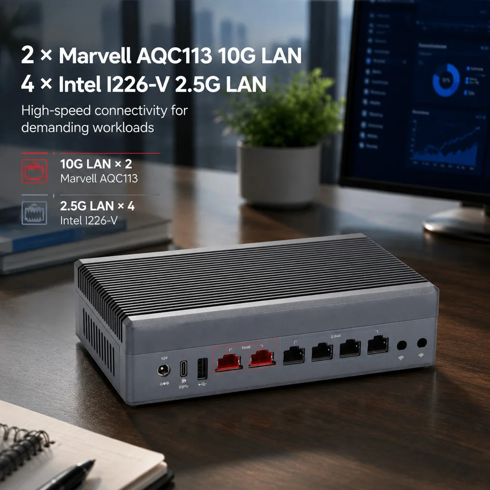 Qotom N100 X7425E N305 Mini PC 2 x AQC113 10G Lan 4 x I226-V 2.5G LAN Barebone Firewall Router VPN Secure Network Appliance