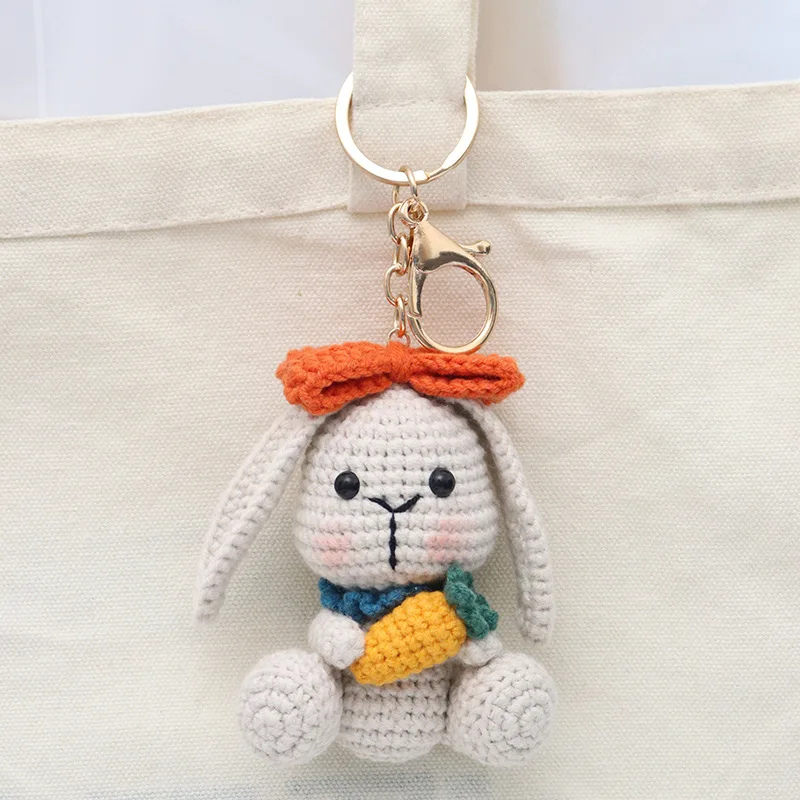 Handmade Knitted Long ears Rabbit Doll Key Chain Kawaii Cartoon Animal Crochet Dolls Toys Pendant Ornament Room Bag Decor Gifts