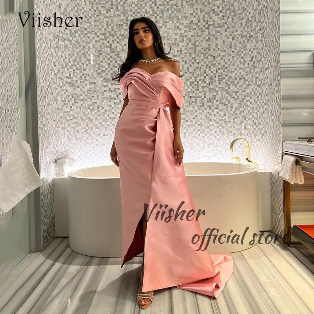 

Viisher Arabic Mermaid Evening Dresses Off Shoulder Pleats Satin Formal Prom Dress with Slit Long Evening Party Gown with Train