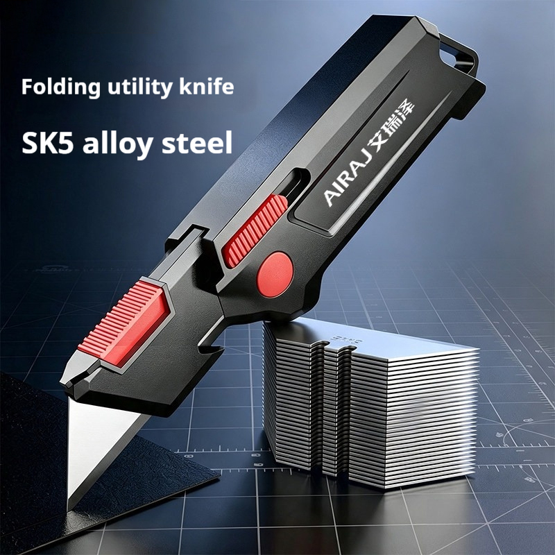 AIRAJ Heavy Duty Folding Utility Knife Professional SK5 Steel Blade with Rope Cutting Notch for Warehouse Packing & Courier Work