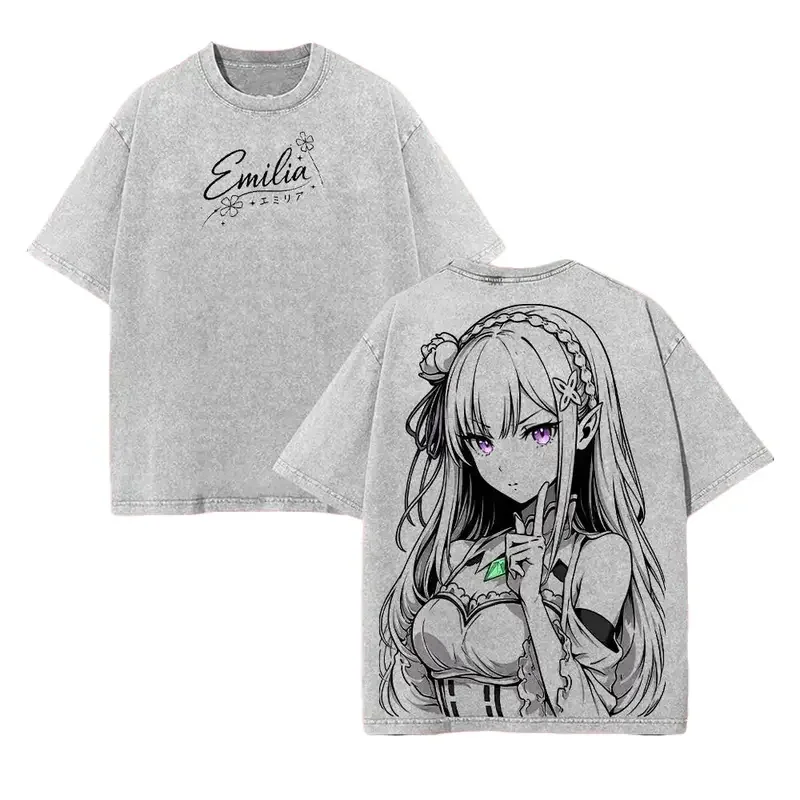 Emilia Print T-shirt Anime Re ZERO Starting Life In Another World Clothing Men Women Cotton Tshirts Washed T Shirt Harajuku Tops