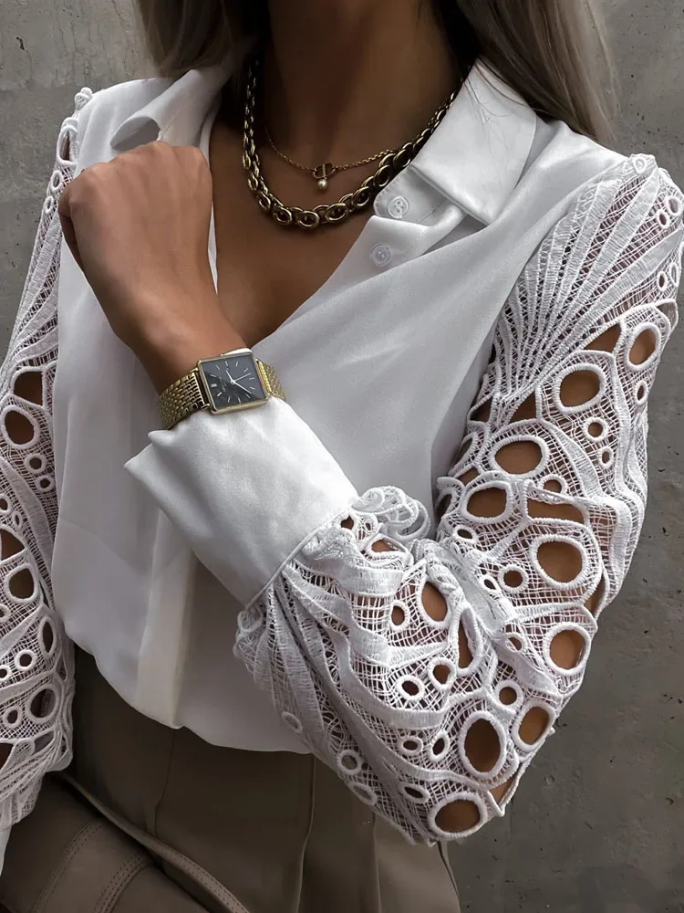 2024 White Sexy Lace Hollow Out Women Blouse Spring Black Top Autumn Femme Vintage Button Up Shirts Long Sleeve Mesh Design Tops