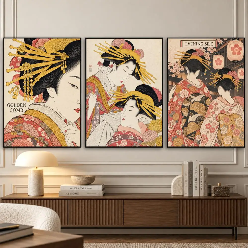 Ukiyo Women Painting Calligraphy 3 PCS Vintage Fashion Canvas Wall Art Prints for Living Room Decor