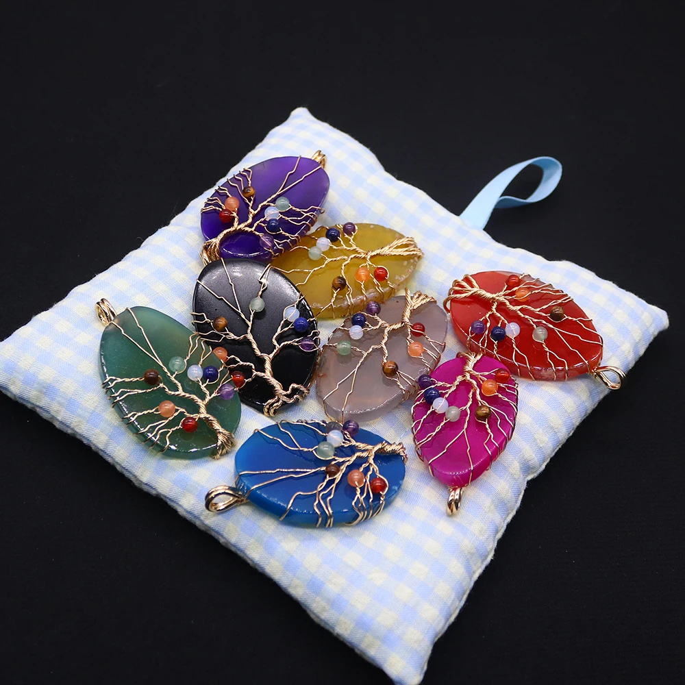 Classic Natural Stone Colorful Agate Polished Oval Single Hole Electroplated Handmade Wire Wrapped Bead Pendant Handmade Gift
