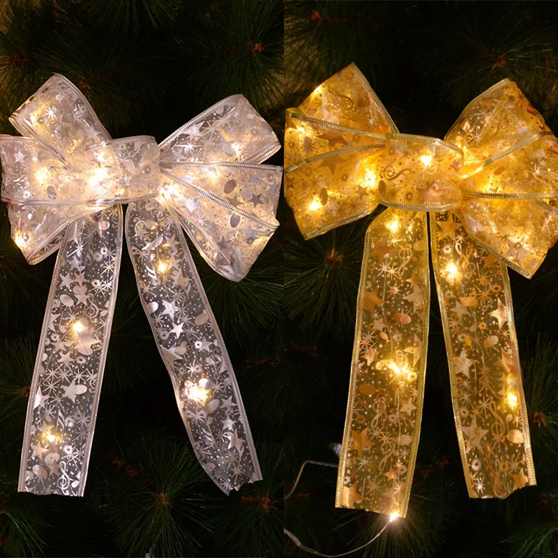 

20X28cm LED Christmas Bow Decoration For Home Gold Silver Luminous Bowknot Xmas Tree Hanging Pendant 2025 New Year Navidad Gifts