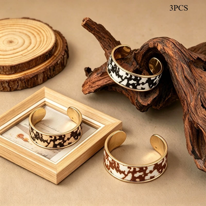 3PCS Retro Bohemian Classic Unique Design Leopard Print, Cow Print, Horse Hair, Exaggerated Western Cowboy Style Women's Open Bangle