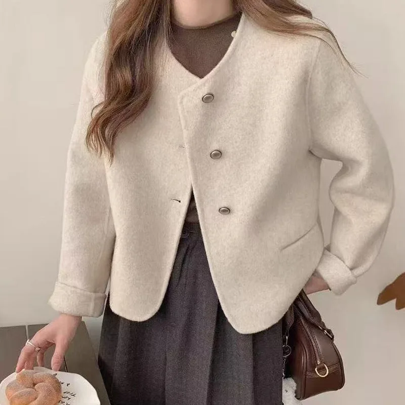 

Шерстяное пальто женское, новинка 202, осенне-зимнее короткое стильное универсальное темпераментное шерстяное пальто с круглым вырезом в Корейском стиле