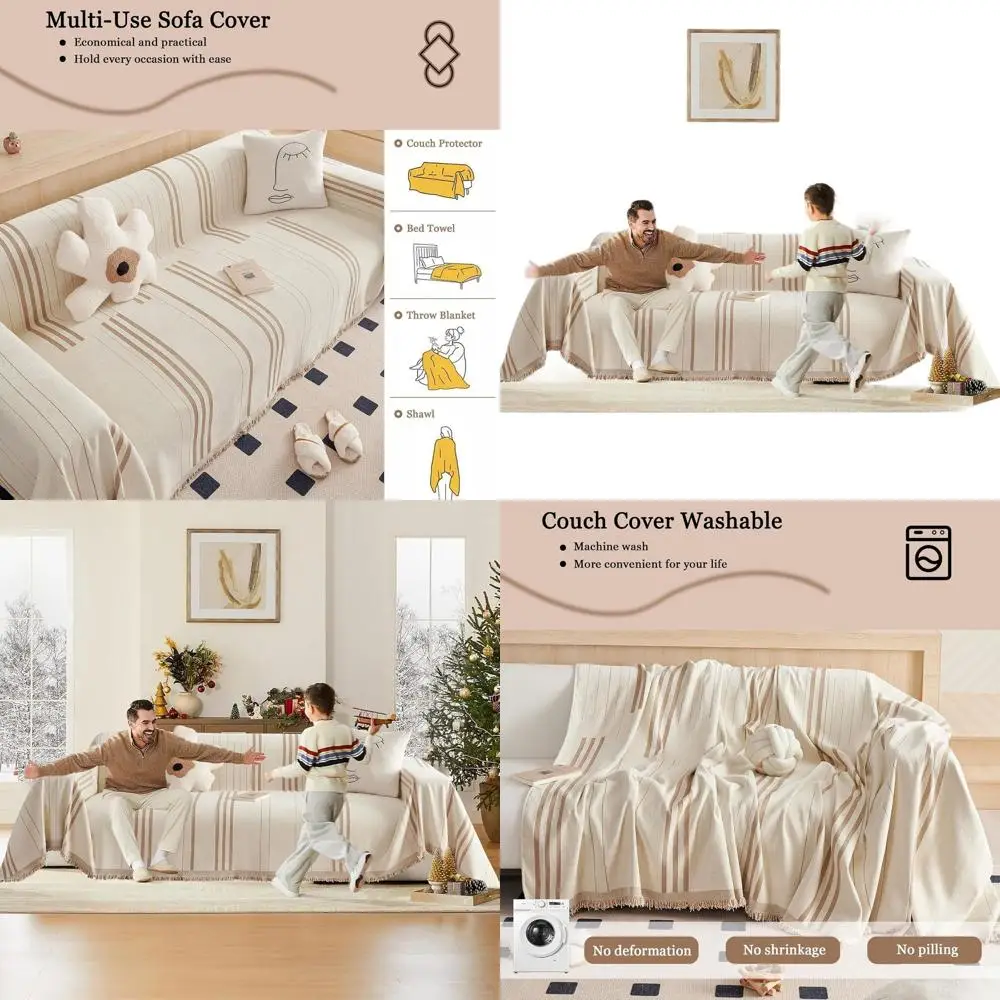 

Reversible Chenille 3-Seat Sofa Cover for Holidays, Christmas Beige, 71x134