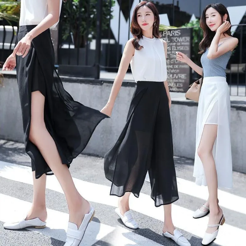 Calf-length Pants Women Summer Breathable Wide Leg Harajuku Side-slit Thin Light Soft Thin Korean Style Loose Elegant All-match