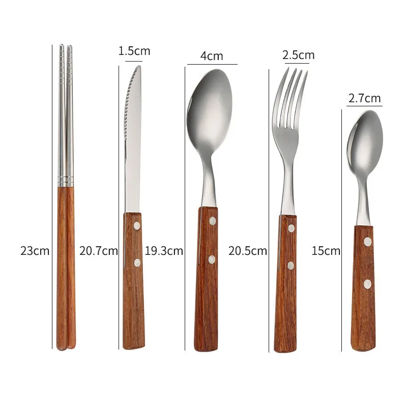 Wooden Handle Cutlery Set Western Stainless Steel Spoon Chopsticks Steak Knife Fork Tableware Vintage Dinnerware Kitchen Utensil