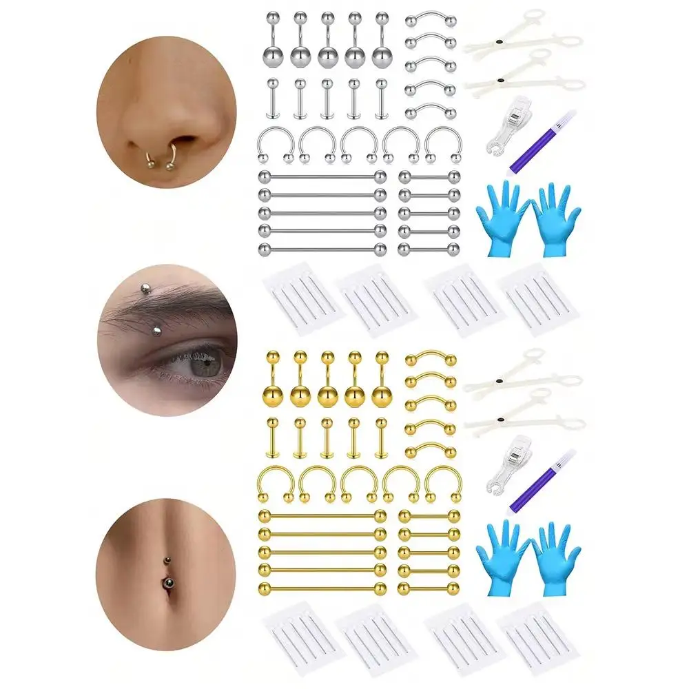 55pcs Body Piercing Tools Kit 14G 16G Stainless Steel Multiple Styles Piercing Jewelry for Eyebrow Tongue Eyebrow Navel Lip